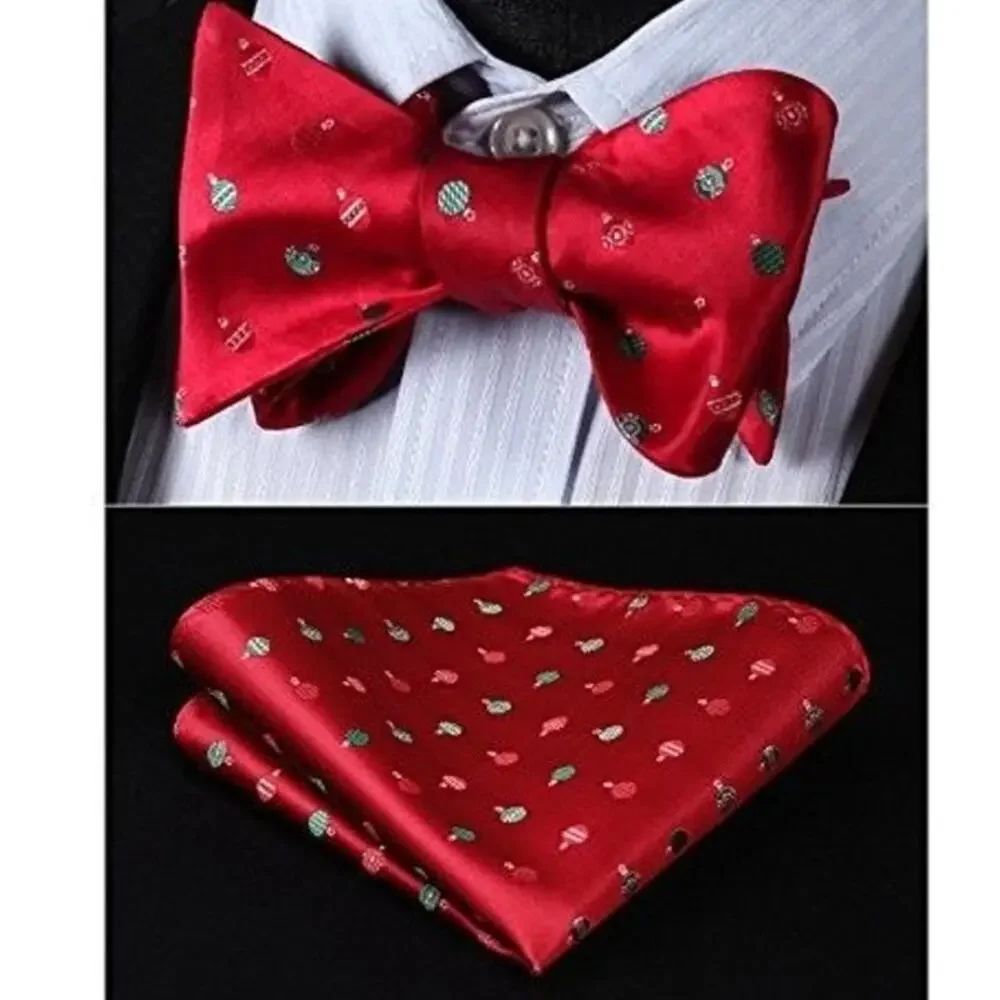 Hisdern Holiday ornament bow tie and pocket square set adjustable up to size 18